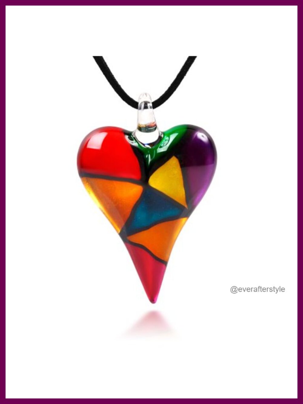 Glass Heart Pendant Necklace for Women Handblown Mosaic Large Puffy Adjustable